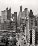 A vertiginous view of New York circa  Broadway from Chambers Street -- City Hall Park Post Office Park Row City Investing and Singer buildings